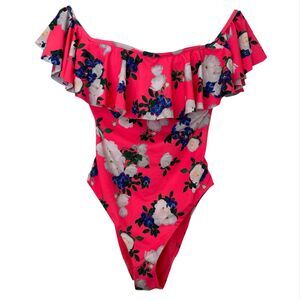 Bershka Swimsuit Medium Neon Pink Floral Off The Shoulder Beach Resortwear